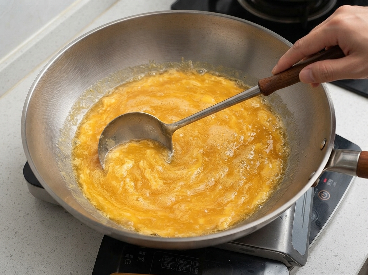 Un mettile che mescola una salsa al formaggio giallo-oro brillante e bollente allinterno di un wok.