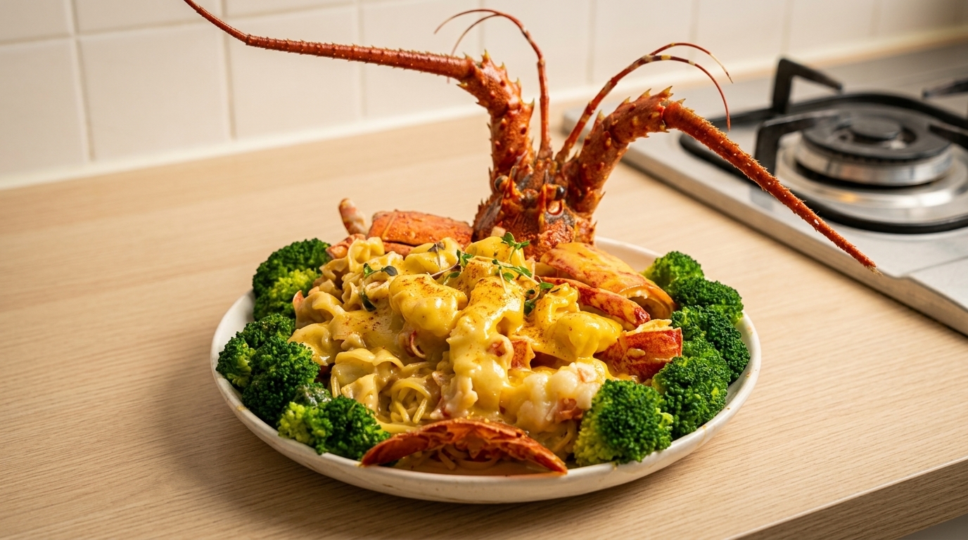 Aragosta Spinata al Forno con Formaggio e Noodles E-fu