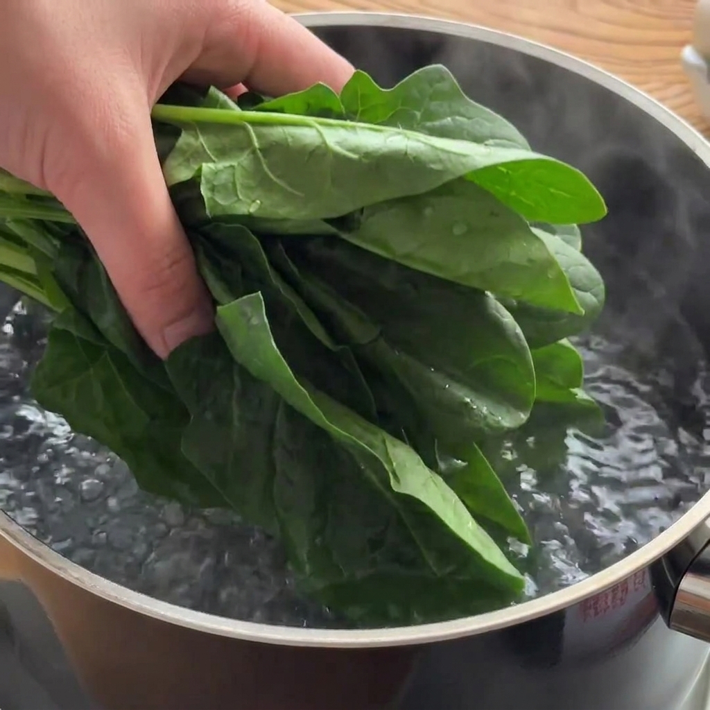Una mano che tiene foglie di spinaci freschi e le posiziona in una pentola di acqua bollente.