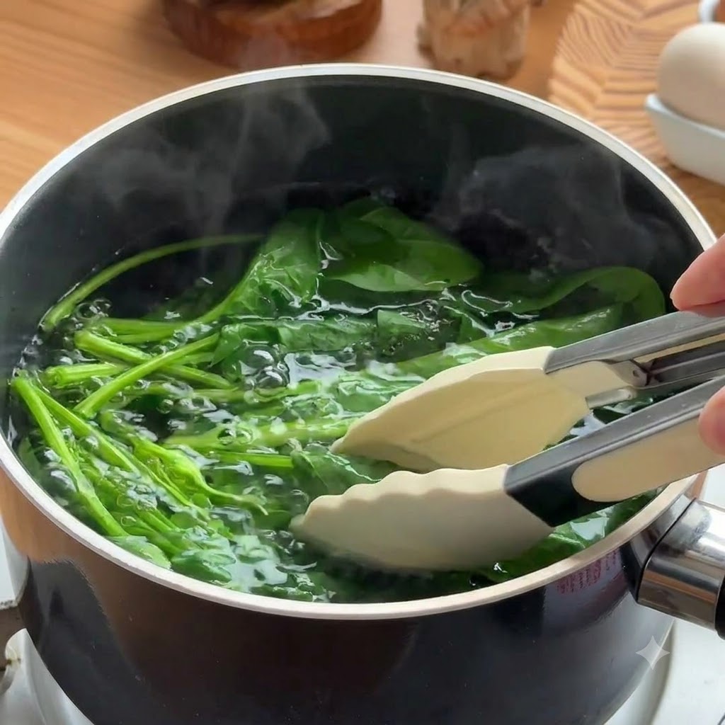 Foglie di spinaci verdi prelevate dallacqua bollente e immerse in un bagno di acqua e ghiaccio.