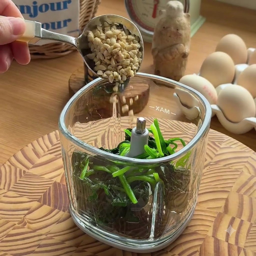 Un cucchiaio di metallo che versa frutta secca tritata chiara in un robot da cucina contenente gli spinaci sbollentati.