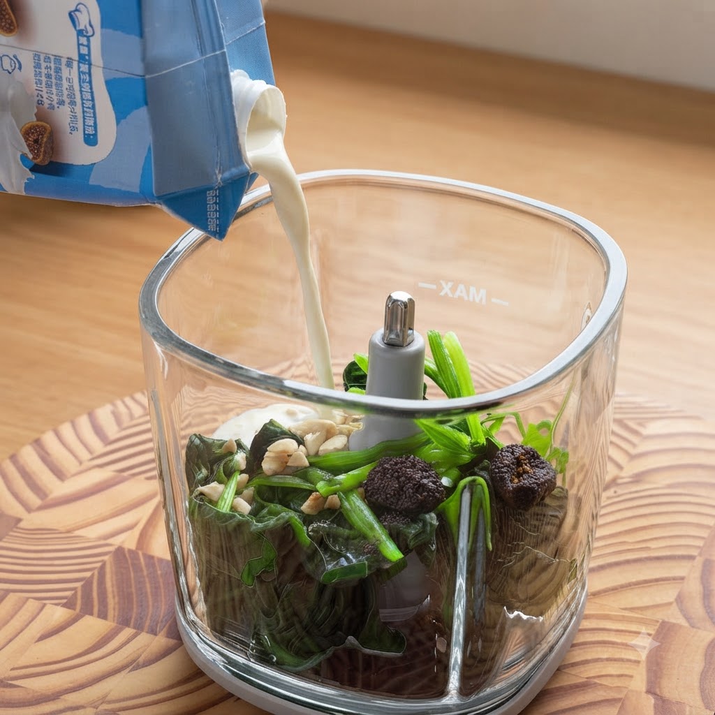Panna liquida versata da un cartone in un robot da cucina in vetro riempito con verdure e frutta secca.