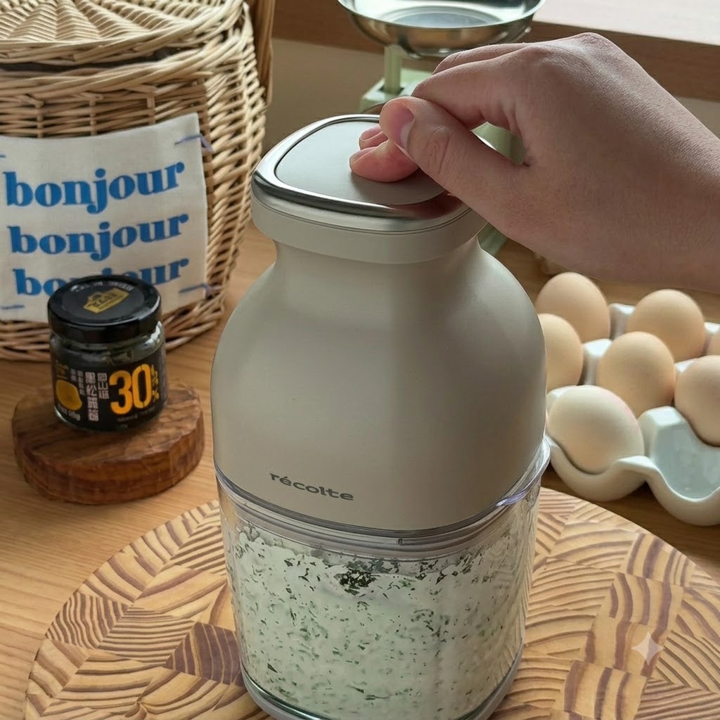 Una mano che preme sul coperchio di un robot da cucina beige mentre frulla gli ingredienti in una salsa verde.