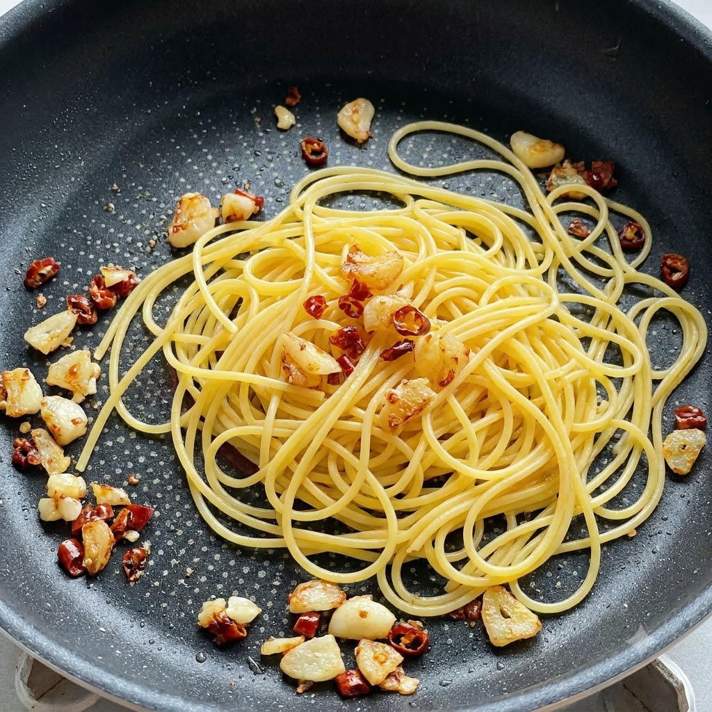 Spaghetti cotti allinterno di una padella insieme ad aglio saltato e pezzi di peperoncino.