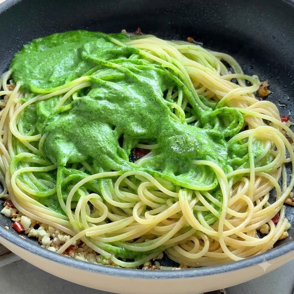 Spaghetti e salsa di pesto verde mescolati e saltati in una padella con delle pinze da cucina.
