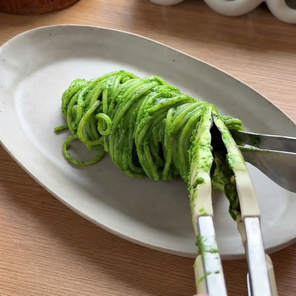 Pinze che trattengono e impiattano una porzione ordinatamente arrotolata di spaghetti al pesto verde su un piatto ovale bianco.
