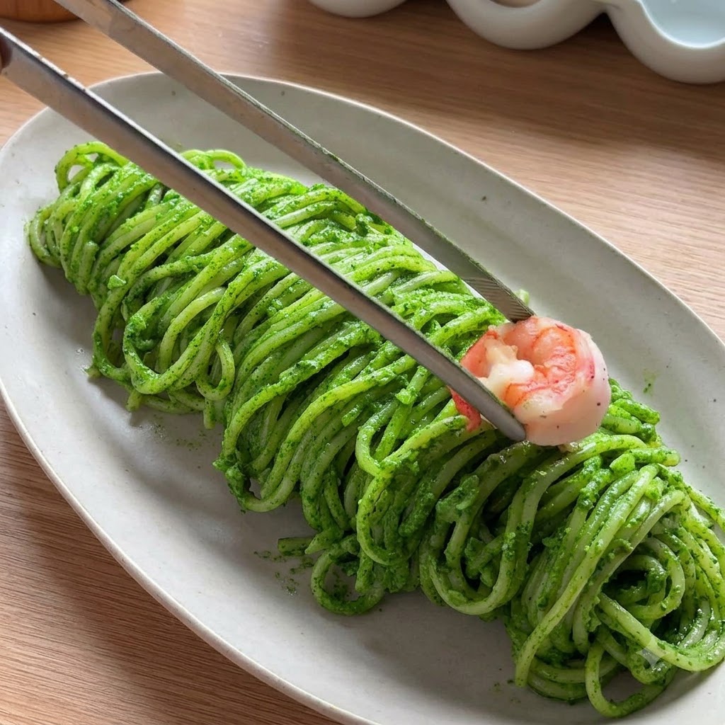 Un paio di pinze che posizionano un gambero rosa cotto sopra gli spaghetti al pesto verde impiattati.