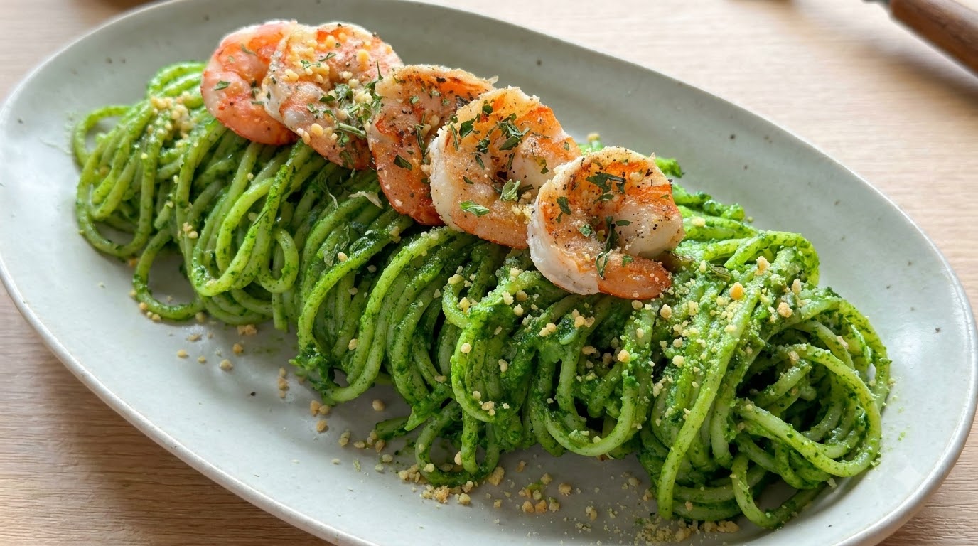 Pasta al Pesto di Spinaci con Tartufo Nero e Gamberi
