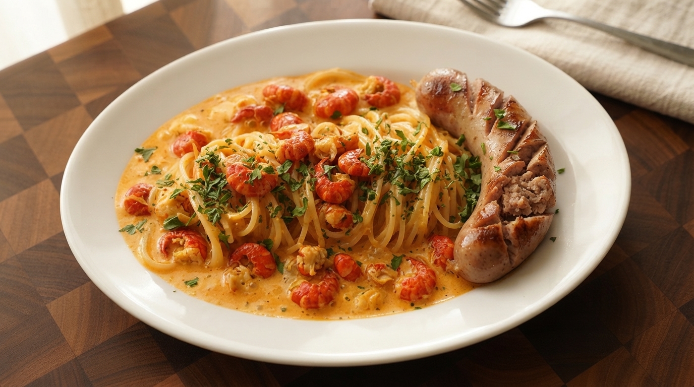 Pasta piccante e cremosa ai gamberi d'acqua dolce con salsiccia grigliata