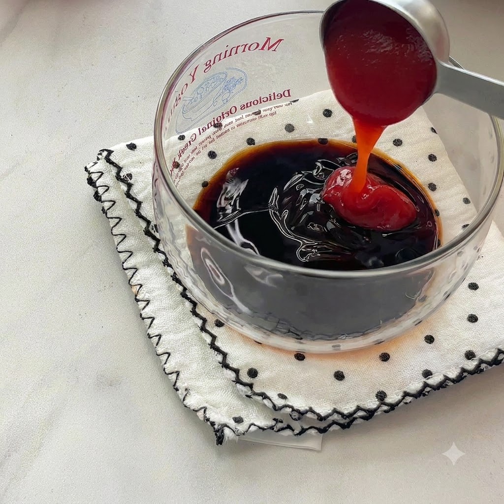 Ketchup rosso versato da un cucchiaio di metallo in una ciotola trasparente riempita di salsa di soia scura.