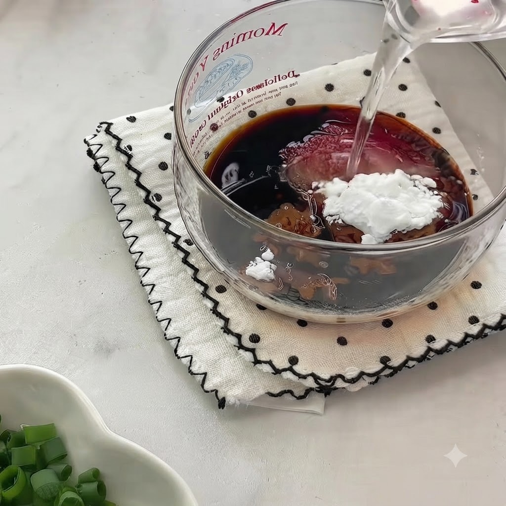Acqua versata in una ciotola di vetro contenente salsa di soia, condimenti e amido di mais.