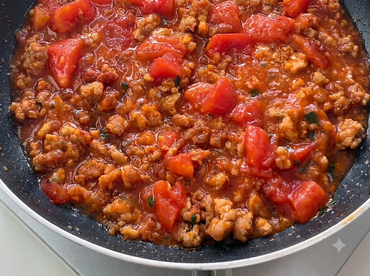 Pomodori rossi a cubetti mescolati con carne macinata cotta che sobbollono in una padella.
