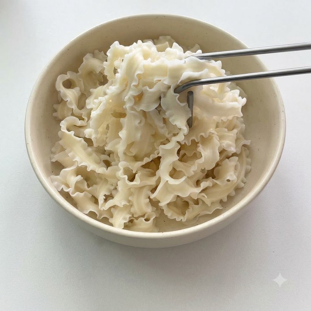 Noodles ondulati cotti e semplici messi in una ciotola da portata di ceramica bianca con bacchette di metallo.