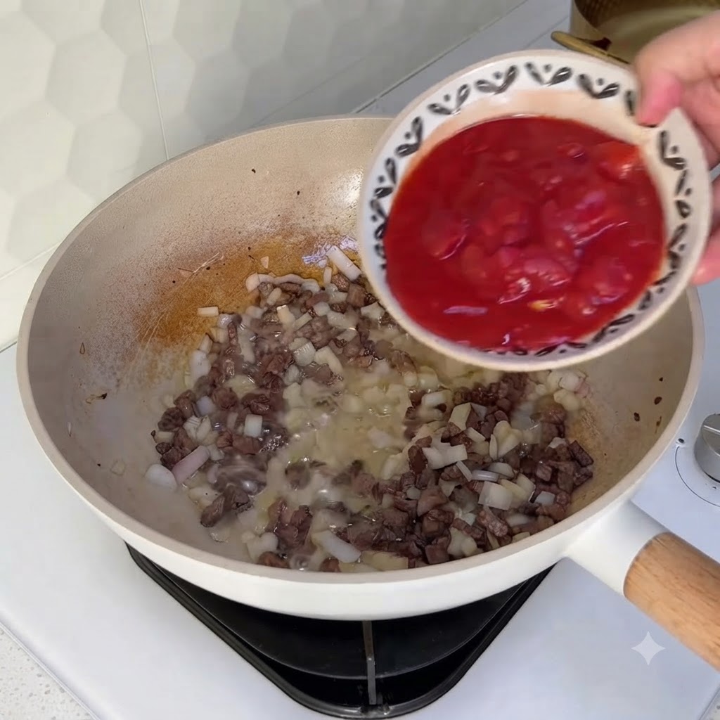 Una ciotola piccola che versa pomodori rossi a dadini nel wok con manzo e cipolle.