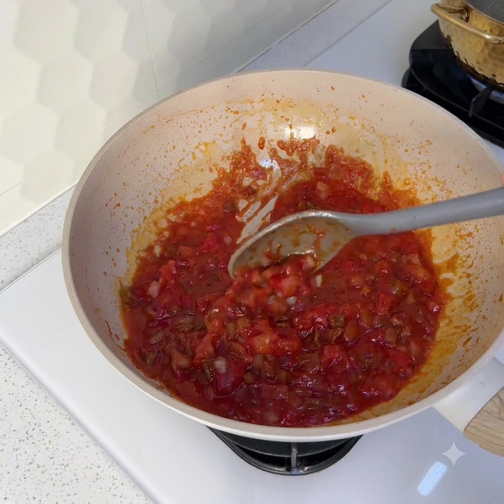 Un cucchiaio da cucina grigio che mescola un denso composto rosso di pomodoro e manzo allinterno di un wok.