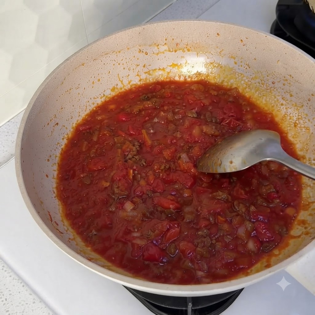 Una vista ravvicinata della salsa di pomodoro rossa e fumante allinterno del wok.