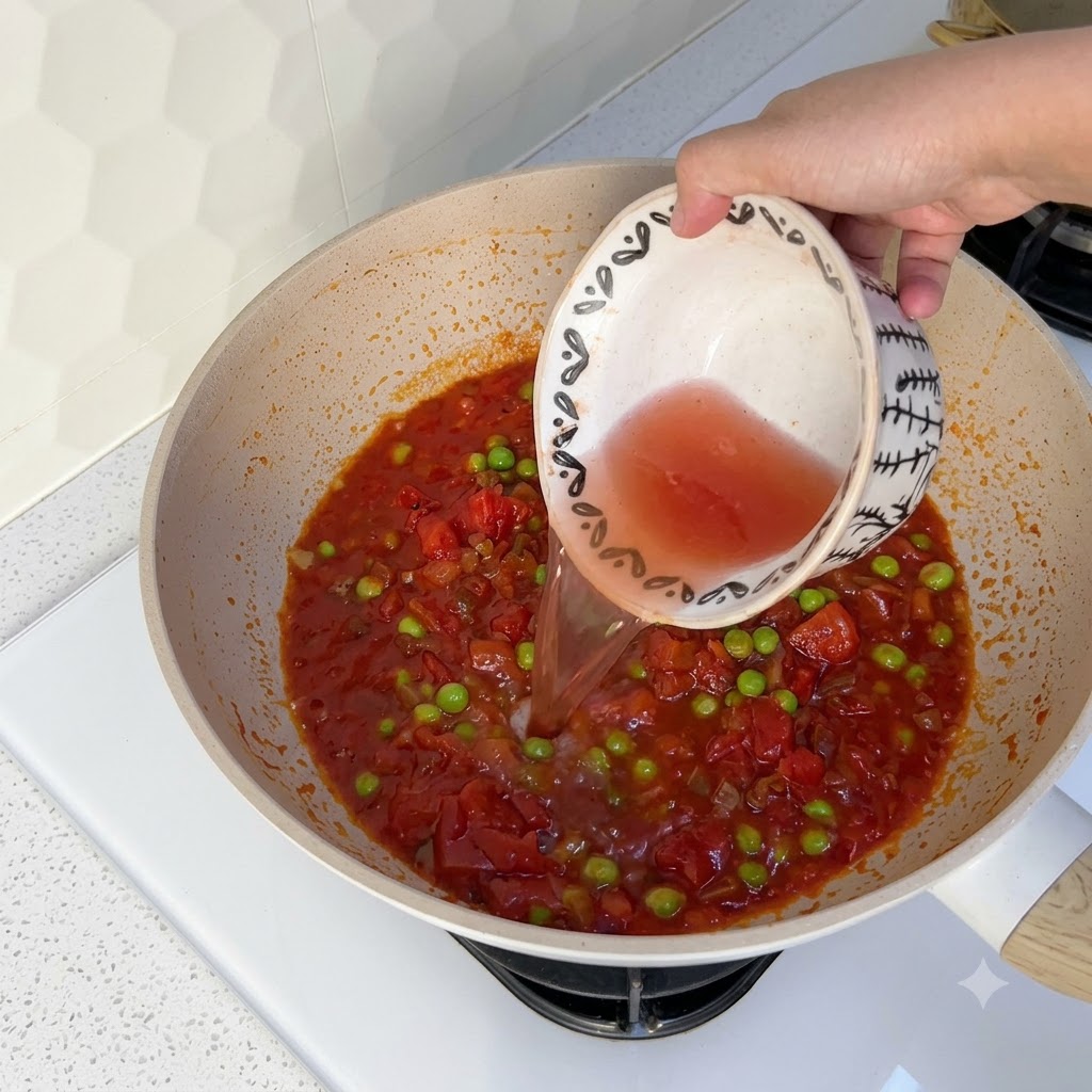 Una piccola ciotola che versa acqua nel wok riempito con salsa di pomodoro e piselli verdi.