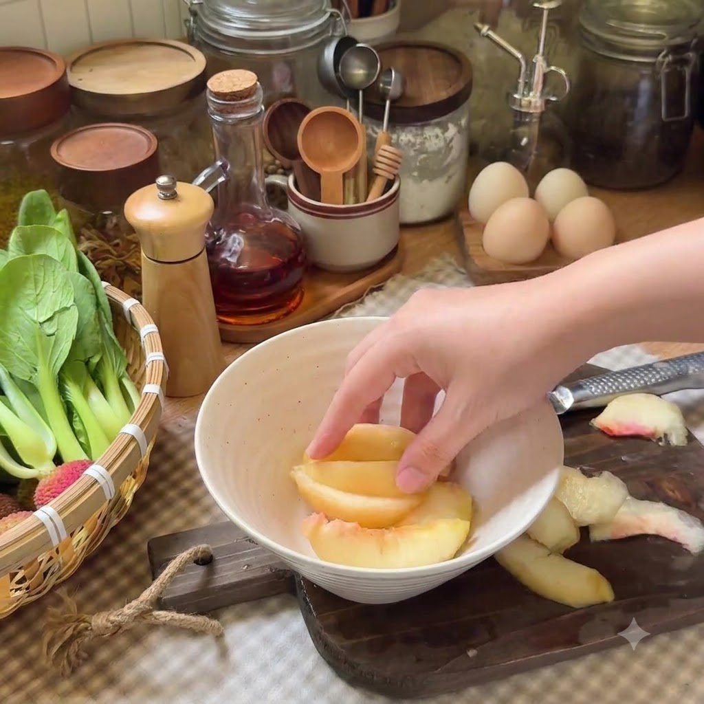 Fette di pesca in una ciotola mescolate con polvere di tè nero, succo di limone e sciroppo dacero.