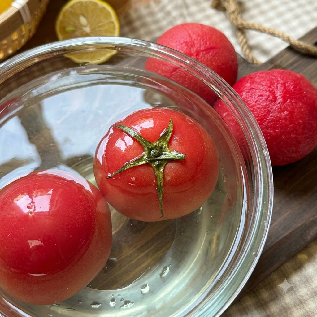 Pomodori surgelati in ammollo in una ciotola di vetro con acqua tiepida e pomodori sbucciati vicini su un tagliere di legno.