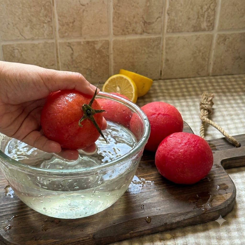 Pomodori pelati affettati e tagliati a piccoli pezzi su un tagliere di legno.