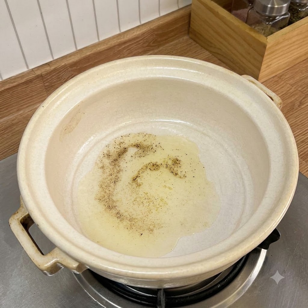 Aglio tritato che sfrigola in olio caldo dentro una pentola di ceramica su un fuoco.