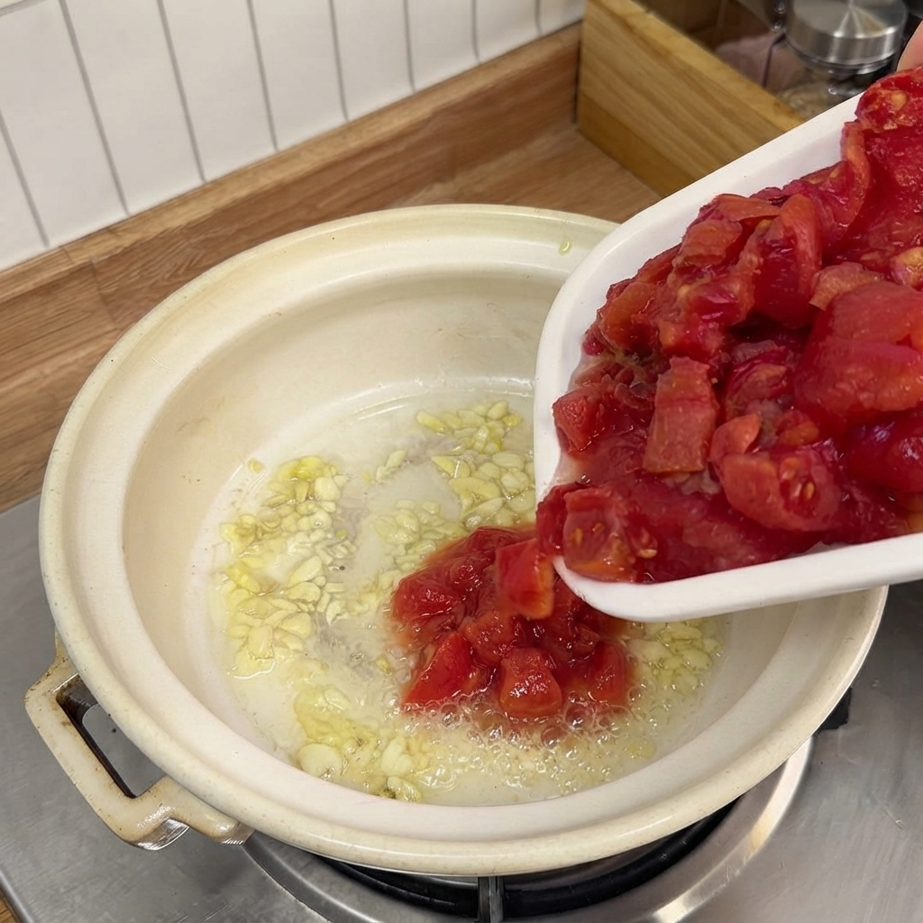 Pomodori tagliati versati da un piatto bianco in una pentola contenente aglio soffritto.