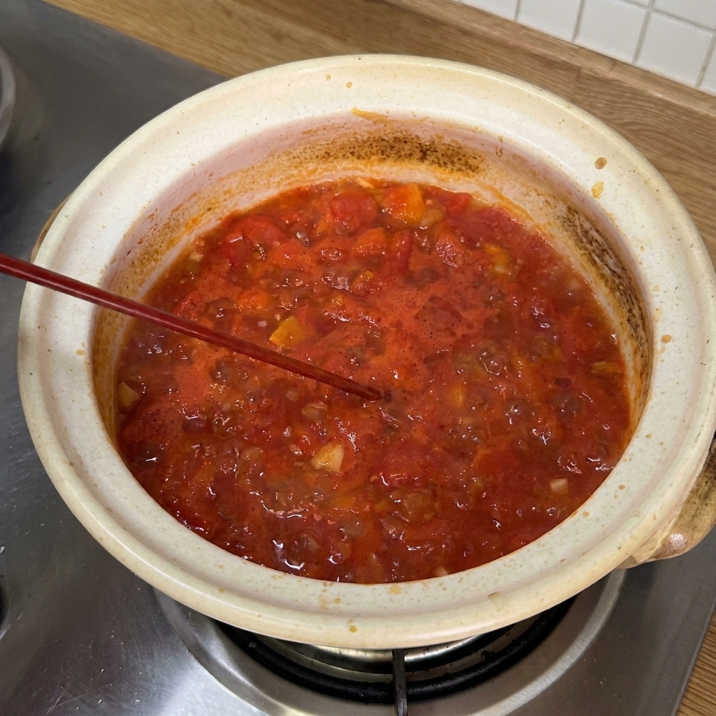 Varietà di salse e condimenti versati e mescolati nella base di pomodoro bollente.
