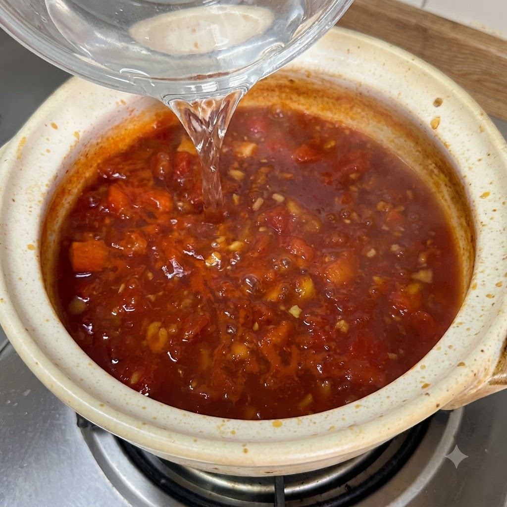 Noodles freschi in cottura nel brodo di pomodoro bollente dentro la pentola di ceramica.