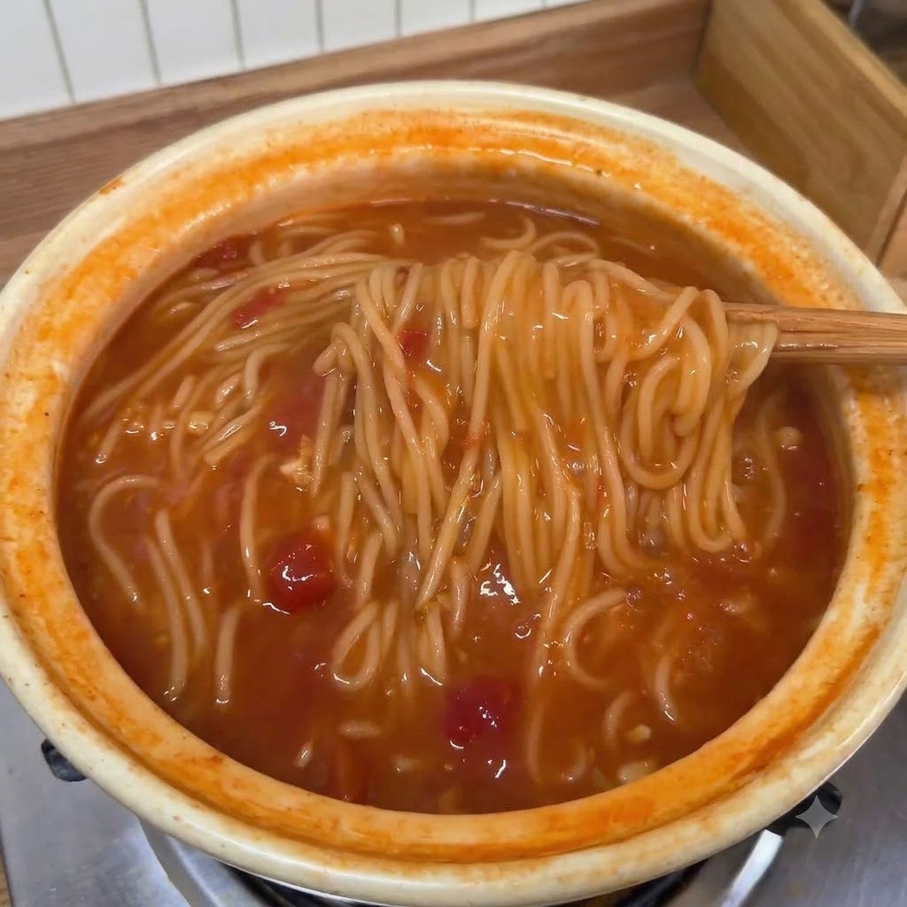 Bacchette che sollevano noodles cotti dalla ricca pentola di zuppa di pomodoro piena di ingredienti misti.