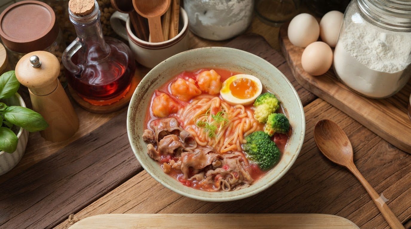 Zuppa Densa di Noodles con Pomodoro e Punta di Petto di Manzo e Pesche al Tè
