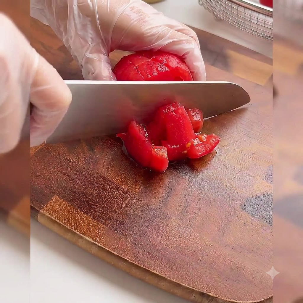 Una mano con guanto taglia a piccoli cubetti dei pomodori rossi pelati su un tagliere di legno.