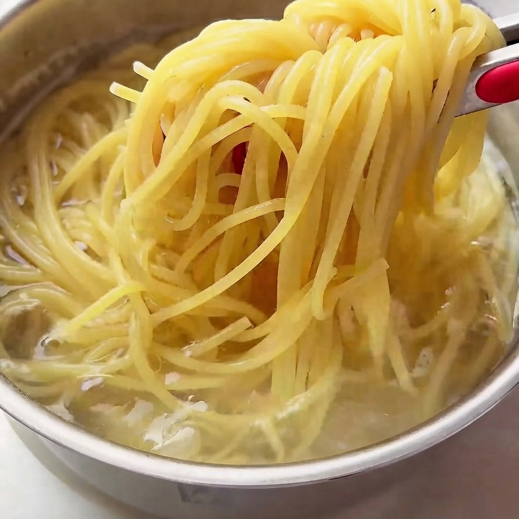 La pasta cotta viene trasferita con delle pinze in una ciotola di acqua fredda.
