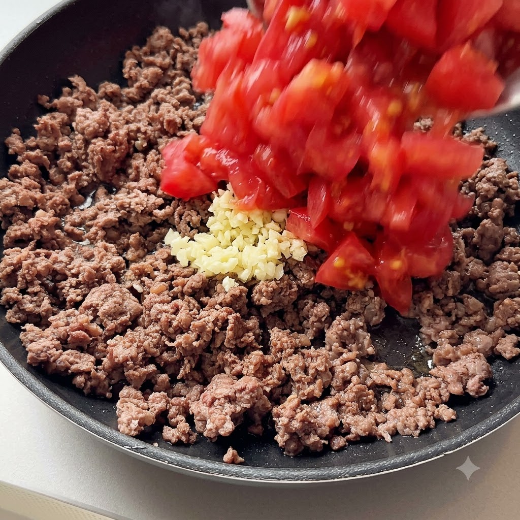 Aglio tritato e pomodori a cubetti vengono aggiunti alla padella con la carne macinata cotta.
