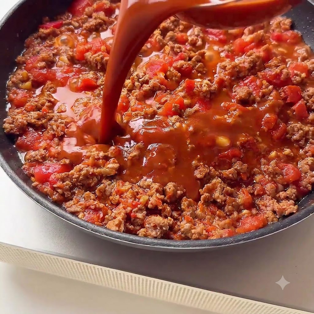 Una ricca salsa rosso-brunastra viene versata da un contenitore in una padella contenente manzo cotto e pomodori a cubetti.