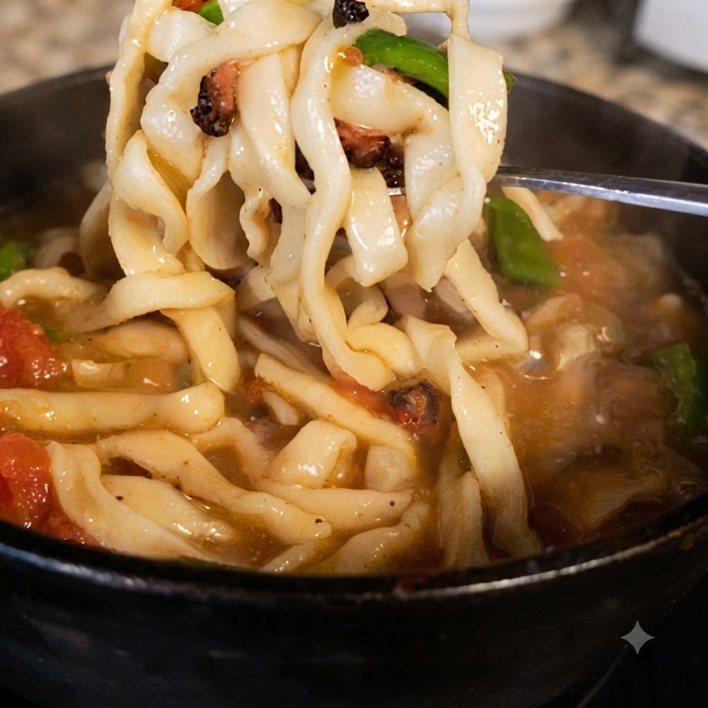 Pasta fatta a mano sollevata con le bacchette da una pentola di brodo bollente.