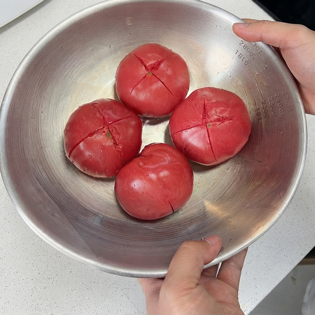 Quattro pomodori freschi posti in una grande ciotola di metallo con evidenti incisioni a croce sulla parte superiore.
