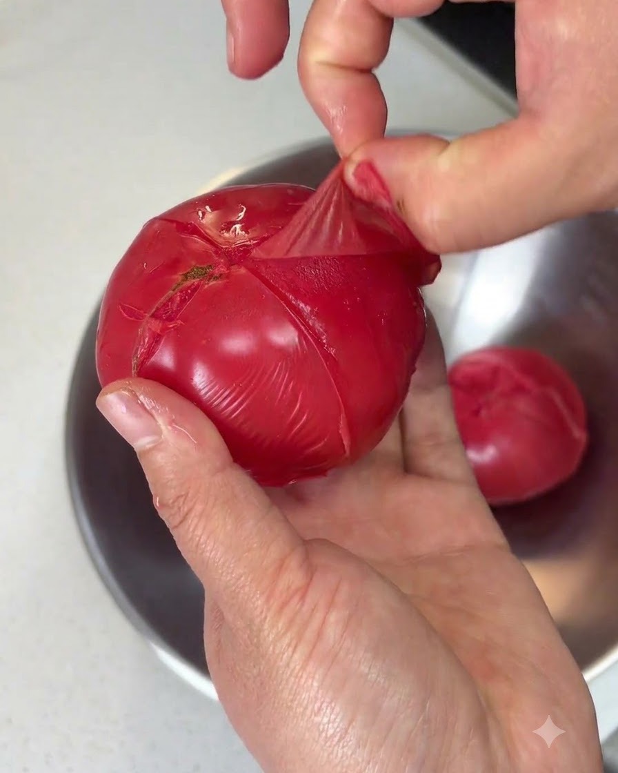 Mani che pelano la sottile buccia di un pomodoro scottato, rivelando la liscia polpa rossa sottostante.