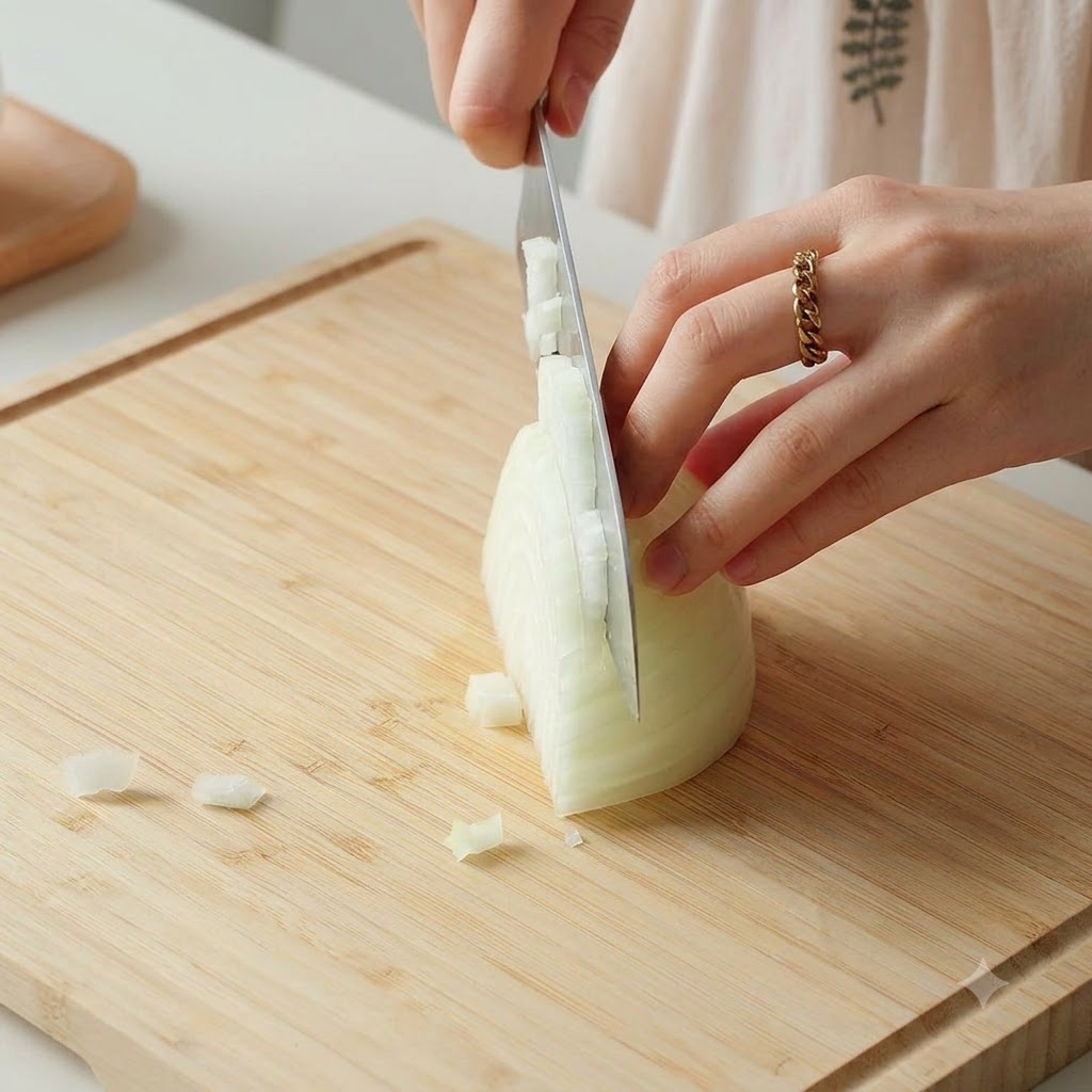 Una cipolla bianca tagliata finemente a cubetti su un tagliere di legno con un coltello.