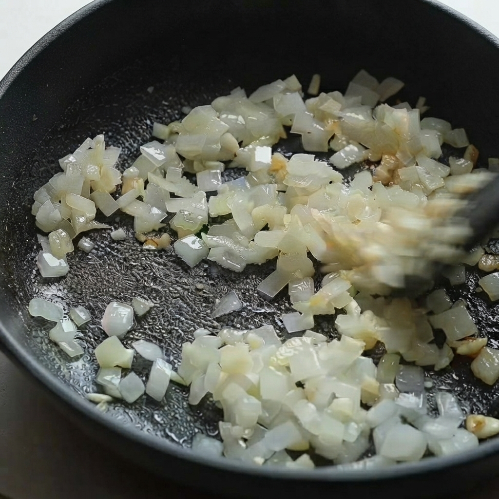 Una spatola nera che mescola cipolle a cubetti e aglio tritato in una padella calda.