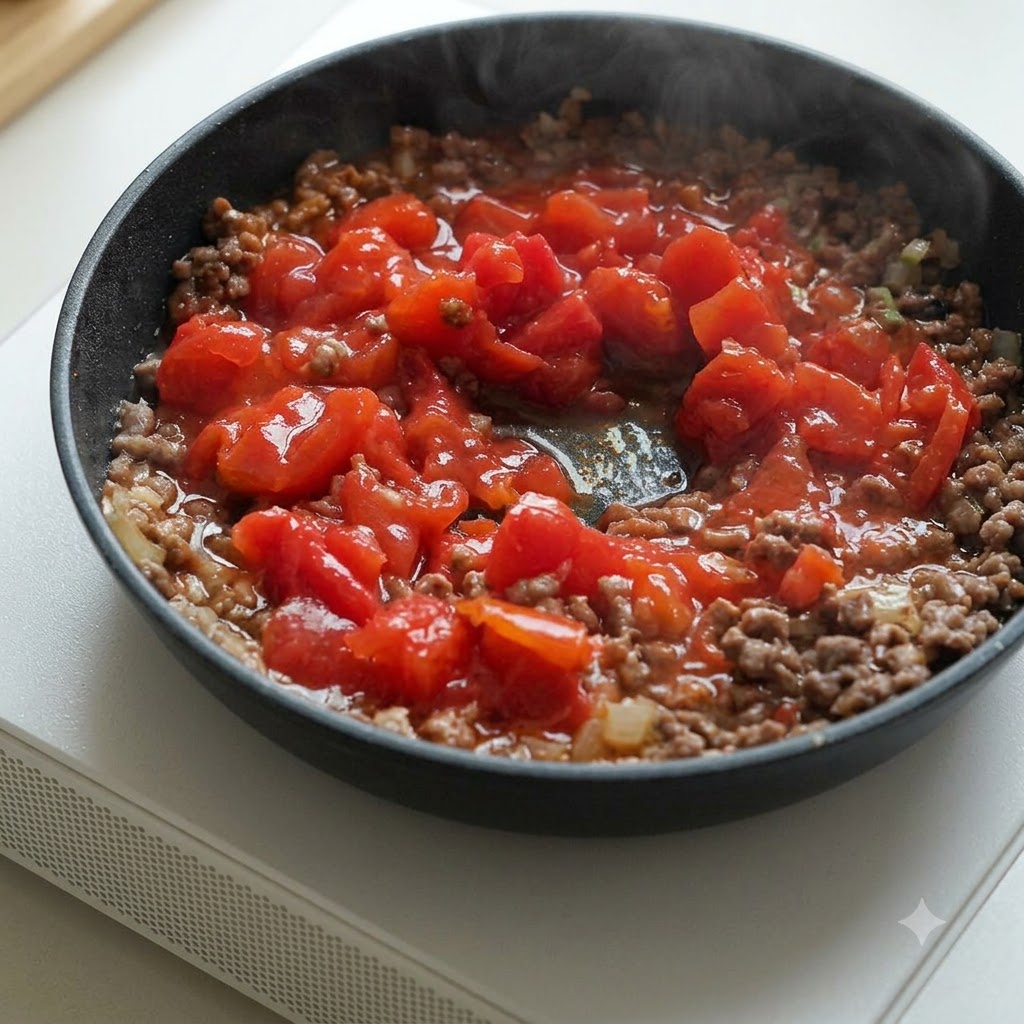 Pomodori a cubetti in scatola mescolati in una padella di carne macinata cotta.