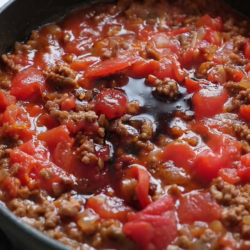 Salse scure come salsa di soia e di ostriche che si uniscono al centro di un ricco sugo di pomodoro e carne macinata in padella.