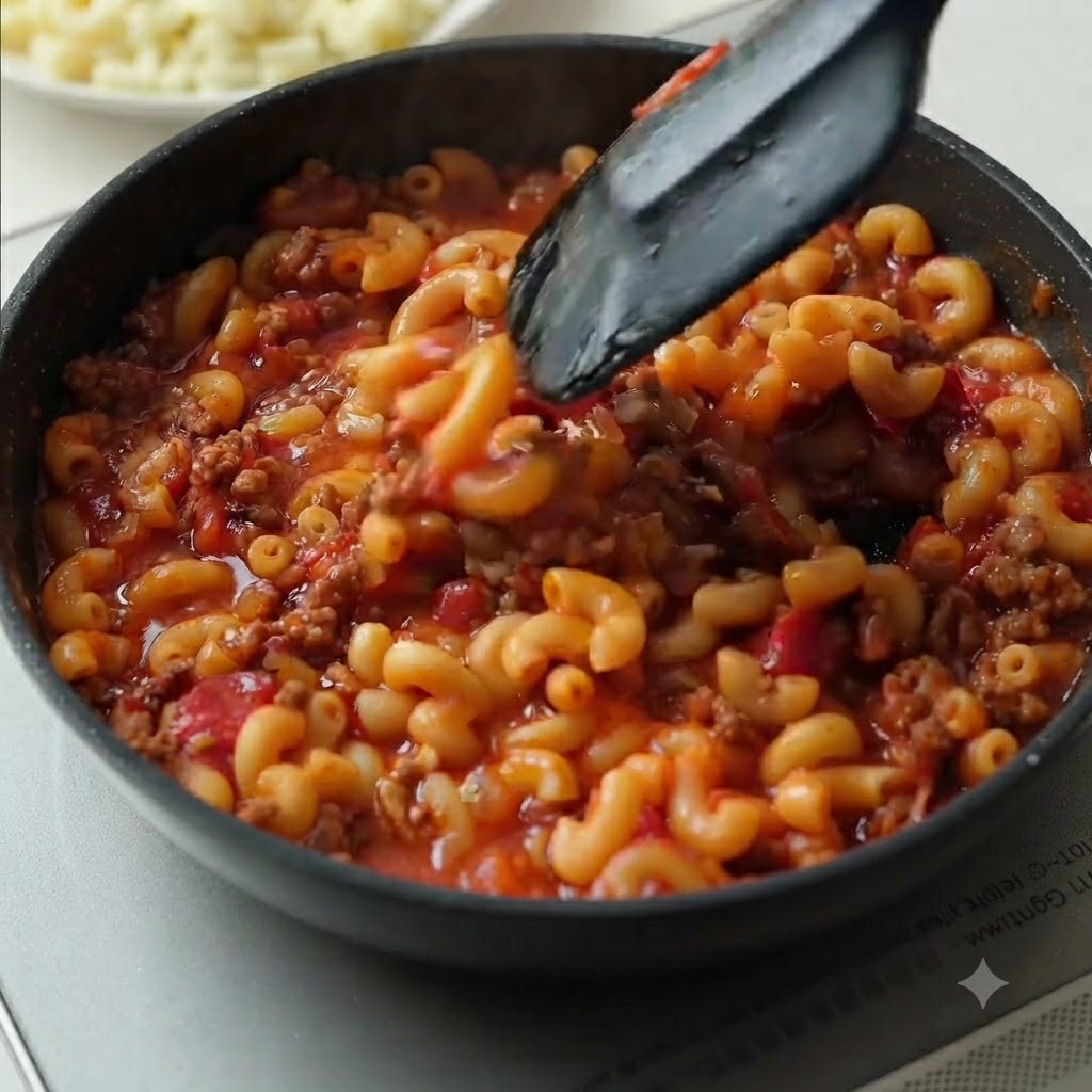 Maccheroni bolliti incorporati in un ricco ragù di carne dentro una padella.
