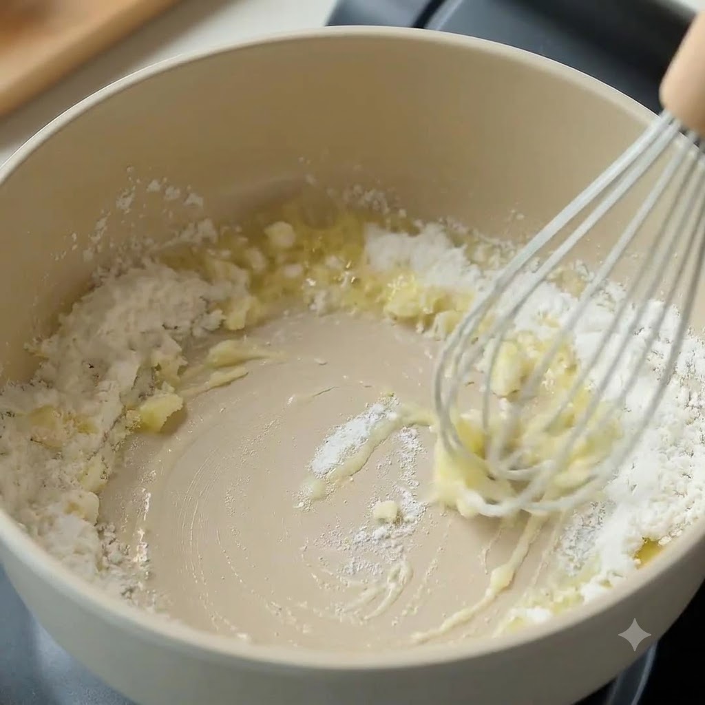 Farina sbattuta con la frusta nel burro fuso in una pentola per formare un roux.
