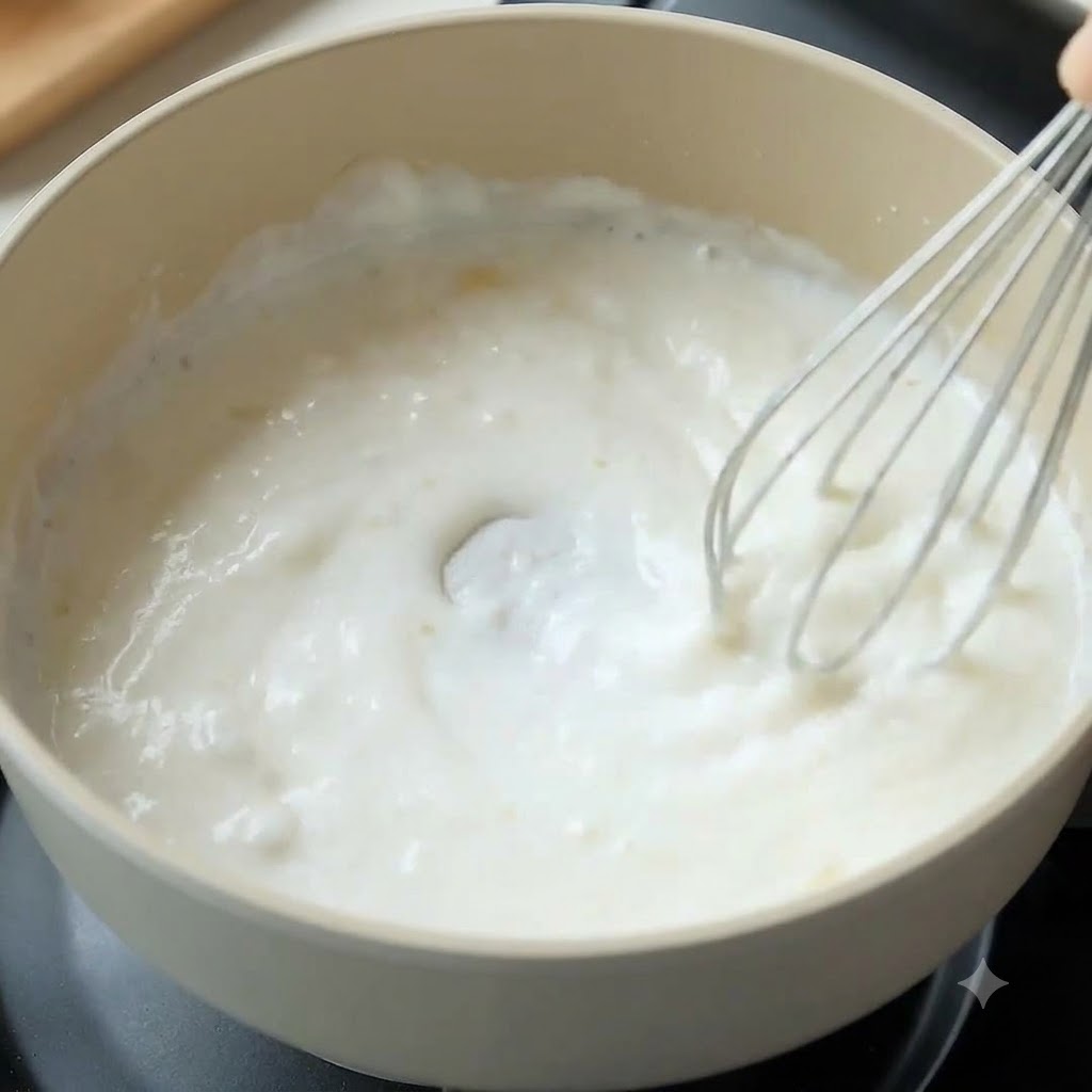 Una frusta che mescola latte e farina in una casseruola dai toni chiari per formare una salsa bianca.