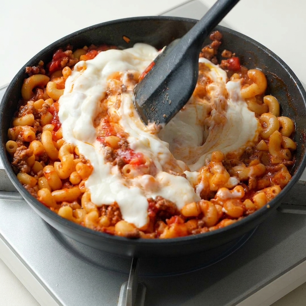 Una spatola che mescola la salsa bianca cremosa nei maccheroni con manzo in padella.