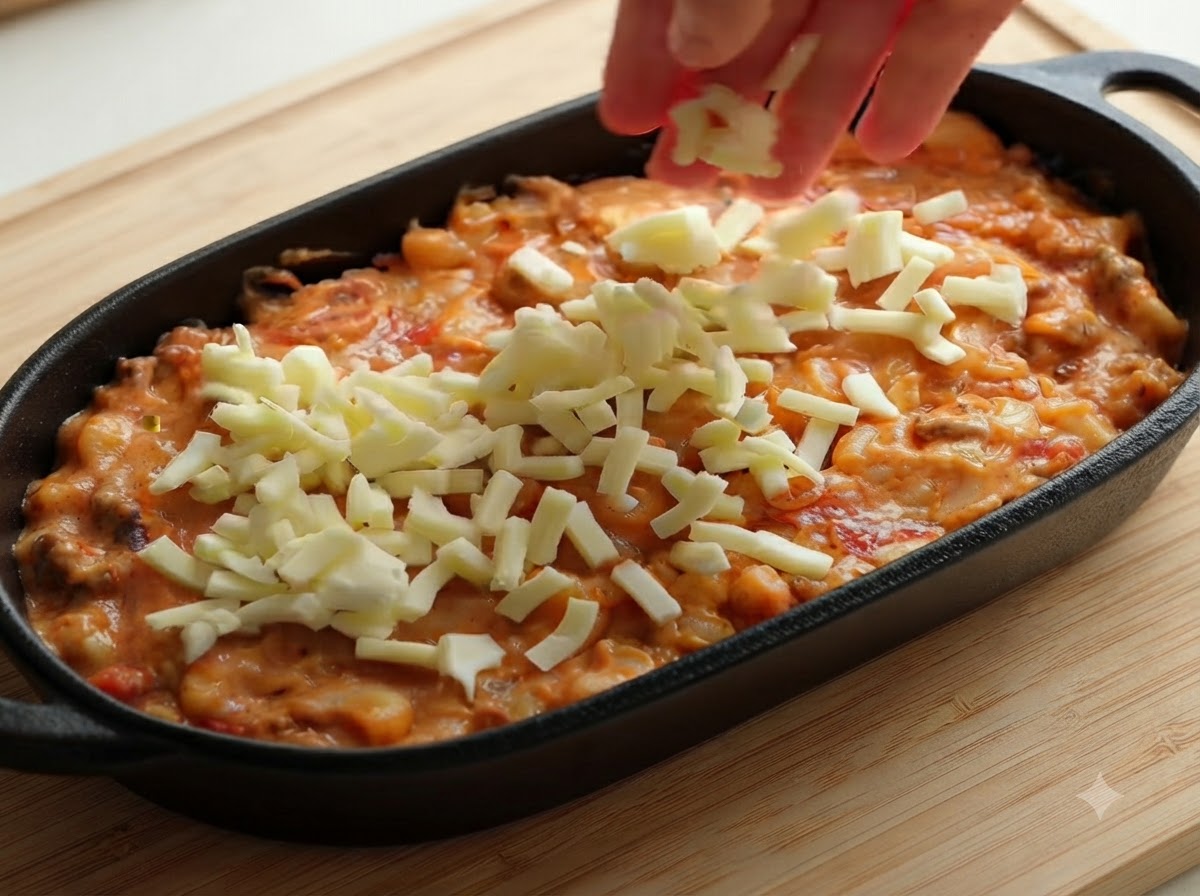 Una mano che sparge mozzarella grattugiata in modo uniforme sopra il composto di pasta dentro una teglia nera.