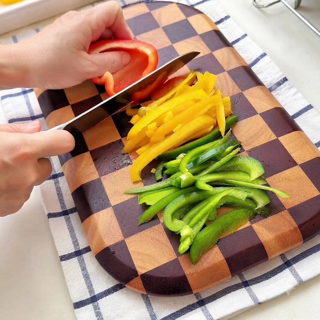 Una persona che taglia peperoni colorati a strisce sottili su un tagliere di legno a scacchi.