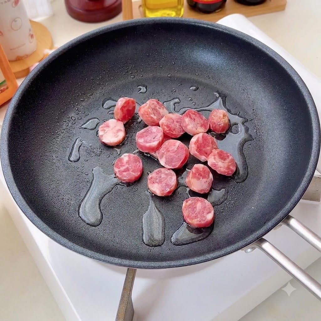 Fette di salsiccia che friggono in una padella con olio a fuoco medio.