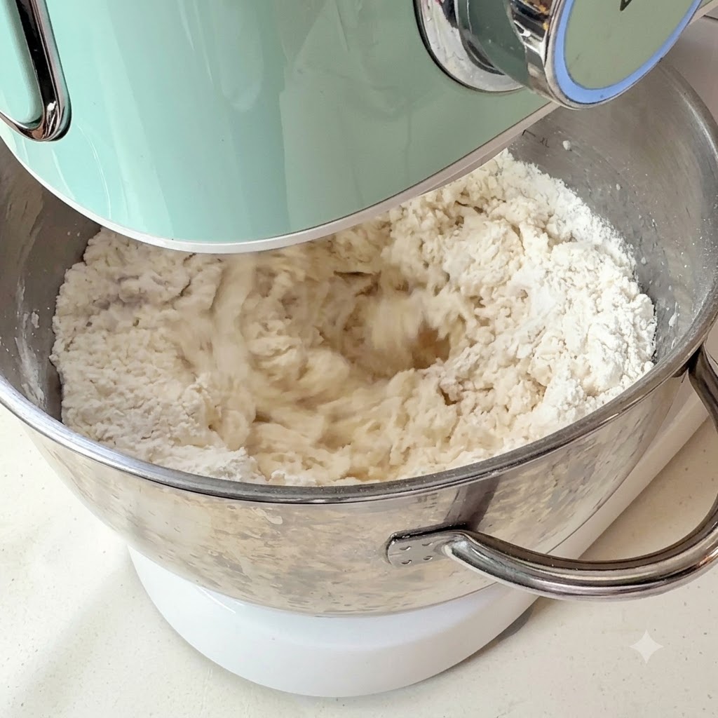 Ingredienti mescolati e impastati allinterno della ciotola della planetaria per formare un impasto liscio.