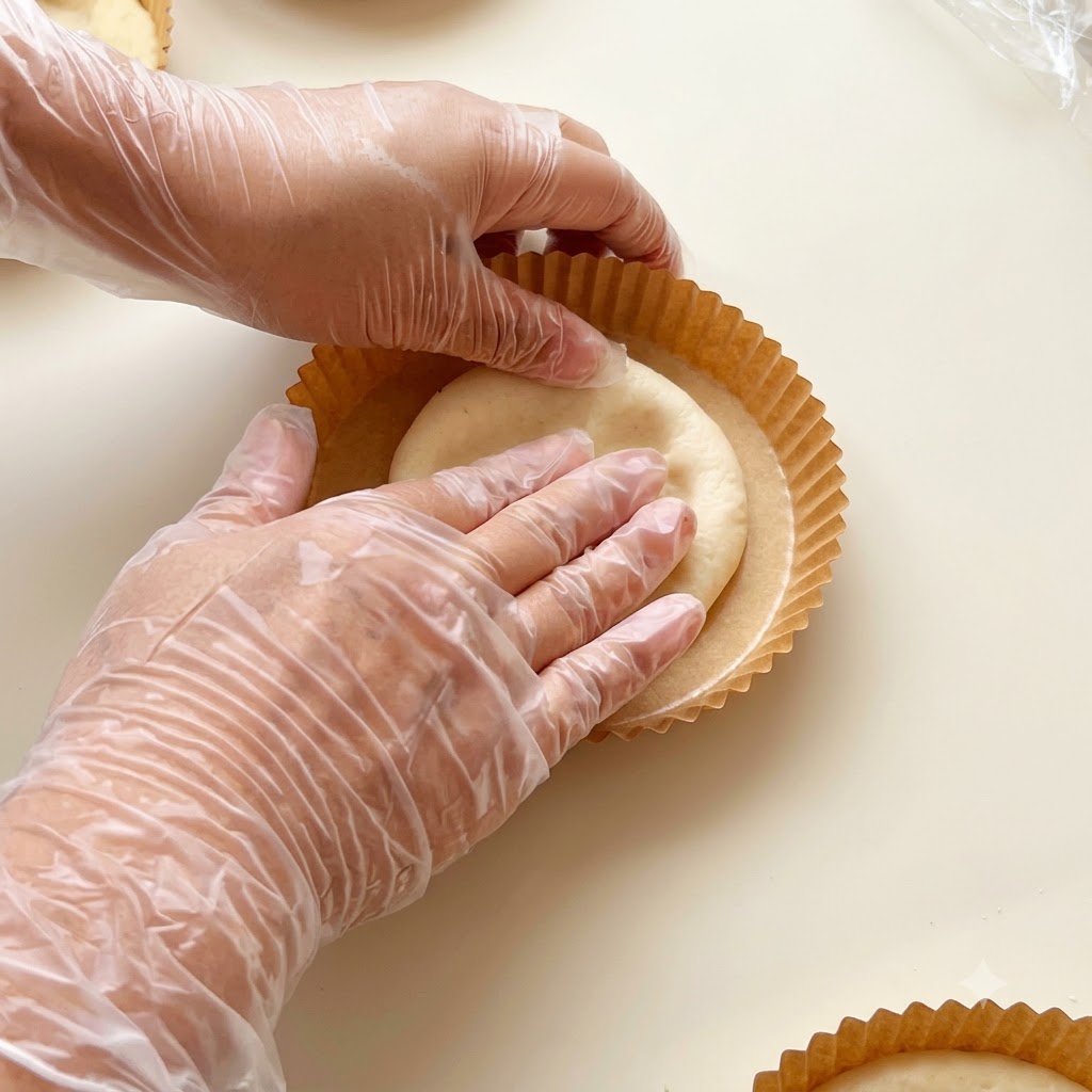 Mani con guanti che premono limpasto verso lesterno dal centro allinterno di uno stampo di carta per formare una base per pizza.